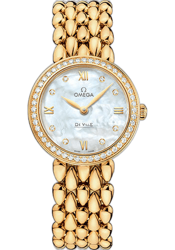 Omega De Ville Prestige Quartz Dewdrop Watch - 27.4 mm Yellow Gold Case - Radiant Diamond-Set Bezel - Mother-Of-Pearl Dial - 424.55.27.60.55.006 27.4mm Diamond Bezel Mother-of-Pearl Dial (424.55.27.60.55.006