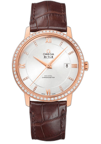 Omega De Ville Prestige Co-Axial Watch - 39.5 mm Red Gold Case - Diamond Bezel - Silver Diamond Dial - Brown Leather Strap - 424.58.40.20.52.002 39.5mm Diamond Bezel Silver Diamond Dial Timepiece [424.58.40.20.52.002