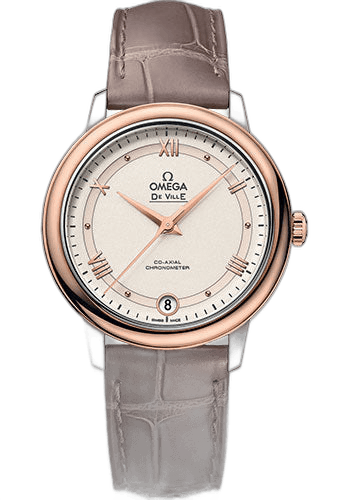 Omega De Ville Prestige Co-Axial Watch - 32.7 mm Steel And Red Gold Case - Varnished Shimmer Ivory-Beige Dial - Taupe-Brown Leather Strap - 424.23.33.20.09.001 32.7mm & Red Gold Varnished Shimmer Ivory-Beige Dial Ref. 424.23.33.20.09.001