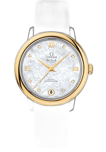 De Ville Prestige Co-Axial Watch - 32.7 mm Steel Case - Yellow Gold Bezel - Mother-Of-Pearl Diamond Dial - White Satin-Brushed Leather Strap - 424.22.33.20.55.002 32.7mm — Omega Ref. 424.22.33.20.55.002