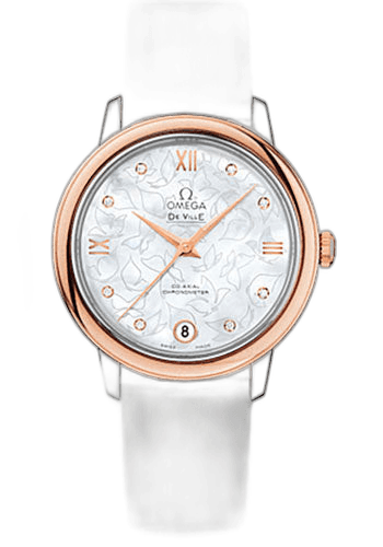De Ville Prestige Co-Axial Watch - 32.7 mm Steel Case - Red Gold Bezel - Mother-Of-Pearl Diamond Dial - White Satin-Brushed Leather Strap - 424.22.33.20.55.001 32.7mm · Omega 424.22.33.20.55.001
