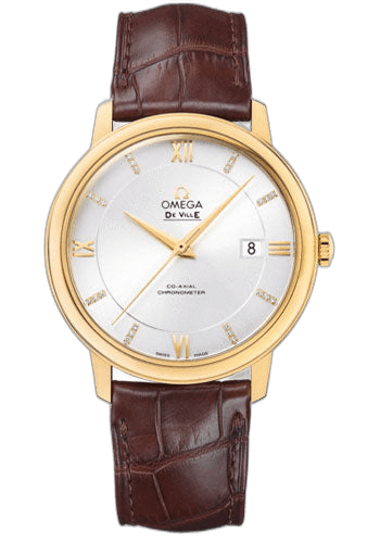 Omega De Ville Prestige Co-Axial Watch - 39.5 mm Yellow Gold Case - Silver Diamond Dial - Brown Leather Strap - 424.53.40.20.52.001 39.5mm (424.53.40.20.52.001