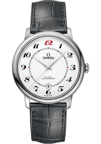 Omega 39.5mm De Ville Prestige Co-Axial De Ville 50th anniversary Watch - 39.5 mm White Gold Case - White Enamel Dial - Grey Leather Strap - 424.53.40.20.04.002 — Ref. 424.53.40.20.04.002