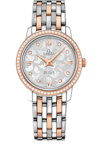 Omega De Ville Prestige Quartz Watch - 27.4 mm Steel And Red Gold Case - Diamond-Set Red Gold Bezel - Silver Diamond Dial - 424.25.27.60.52.001 27.4mm & Red Gold Diamond Bezel Silver Diamond Dial Watch Ref. 424.25.27.60.52.001