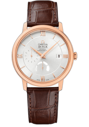 Omega De Ville Prestige Power Reserver Co-Axial Watch - 39.5 mm Red Gold Case - Silver Dial - Brown Leather Strap - 424.53.40.21.02.001 39.5mm Watch Ref. 424.53.40.21.02.001