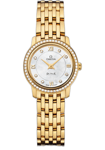 Omega De Ville Prestige Quartz Watch - 24.4 mm Yellow Gold Case - Diamond Bezel - Mother-Of-Pearl Diamond Dial - 424.55.24.60.55.001 24.4mm Diamond Bezel Mother-of-Pearl Dial Timepiece [424.55.24.60.55.001