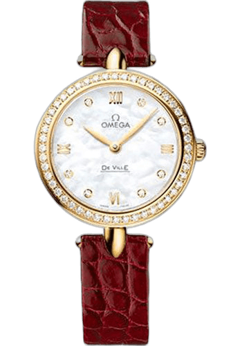 Omega De Ville Prestige Quartz Dewdrop Watch - 27.4 mm Yellow Gold Case - Radiant Diamond Paved Bezel - Mother-Of-Pearl Dial - Red Leather Strap - 424.58.27.60.55.001 27.4mm Diamond Bezel Mother-of-Pearl Dial Ref. 424.58.27.60.55.001