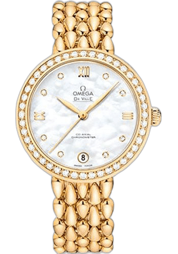 Omega De Ville Prestige Co-Axial Dewdrop Watch - 32.7 mm Yellow Gold Case - Radiant Diamond-Set Bezel - Ornate Dial - 424.55.33.20.55.009 32.7mm Diamond Bezel Ornate Dial (424.55.33.20.55.009