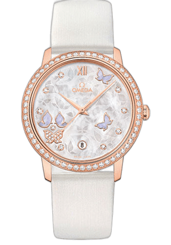 Omega De Ville Prestige Co-Axial Watch - 36.8 mm Red Gold Case - Diamond Bezel - Mother-Of-Pearl Diamond Dial - White Leather Strap - 424.57.37.20.55.003 36.8mm Diamond Bezel Mother-of-Pearl Dial Watch Ref. 424.57.37.20.55.003