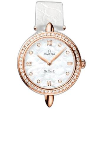 De Ville Prestige Quartz Dewdrop Watch - 27.4 mm Red Gold Case - Radiant Diamond Paved Bezel - Mother-Of-Pearl Dial - White Leather Strap - 424.58.27.60.55.002 27.4mm Diamond Bezel Mother-of-Pearl Dial by Omega — 424.58.27.60.55.002