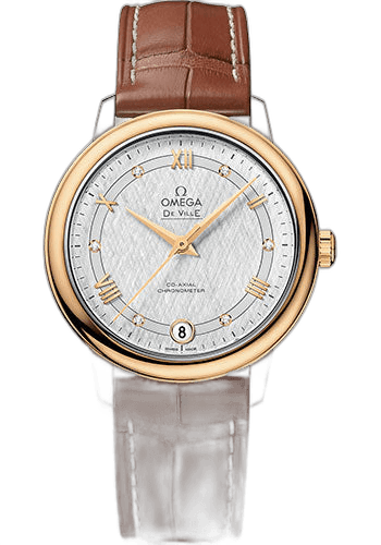 Omega De Ville Prestige Co-Axial Watch - 32.7 mm Steel And Yellow Gold Case - White Silvery Dial - Light Brown Leather Strap - 424.23.33.20.52.001 32.7mm & Yellow Gold White Silvery Dial Ref. 424.23.33.20.52.001
