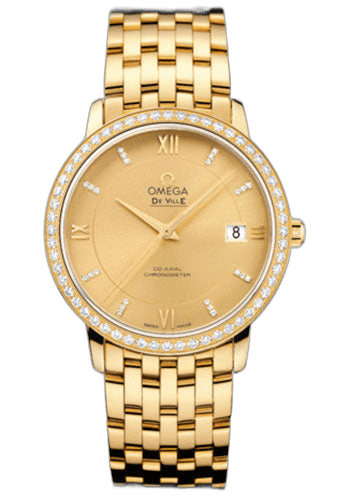 Omega De Ville Prestige Co-Axial Watch - 36.8 mm Yellow Gold Case - Diamond Bezel - Champagne Diamond Dial - 424.55.37.20.58.001 36.8mm Diamond Bezel Champagne Diamond Dial Watch Ref. 424.55.37.20.58.001