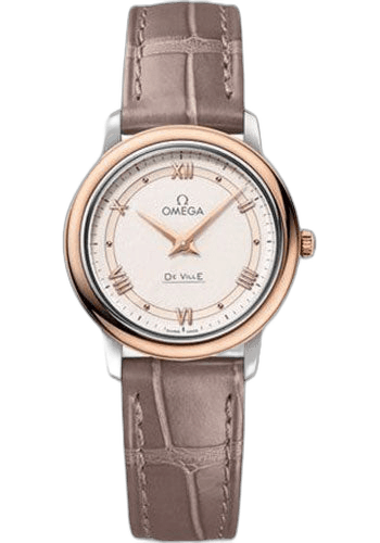 Omega De Ville Prestige Quartz Watch - 27.4 mm Steel And Red Gold Case - Varnished Shimmer Ivory-Beige Dial - Taupe-Brown Leather Strap - 424.23.27.60.09.001 27.4mm & Red Gold Varnished Shimmer Ivory-Beige Dial Timepiece [424.23.27.60.09.001