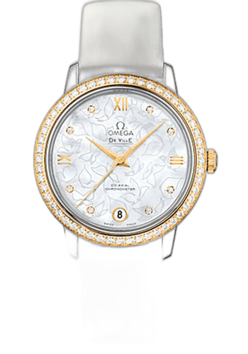 De Ville Prestige Co-Axial Watch - 32.7 mm Steel Case - Diamond-Set Yellow Gold Bezel - Mother-Of-Pearl Diamond Dial - White Satin-Brushed Leather Strap - 424.27.33.20.55.002 · Omega 32.7mm Diamond Bezel Mother-of-Pearl Dial — 424.27.33.20.55.002