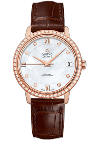 De Ville Prestige Co-Axial Watch - 32.7 mm Red Gold Case - Diamond Bezel - Mother-Of-Pearl Diamond Dial - Brown Leather Strap - 424.58.33.20.55.001 · Omega 32.7mm Diamond Bezel Mother-of-Pearl Dial — 424.58.33.20.55.001