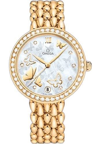 Omega De Ville Prestige Co-Axial Dewdrop Watch - 32.7 mm Yellow Gold Case - Delicate Diamond-Set Bezel - Ornate Dial - 424.55.33.20.55.008 32.7mm Diamond Bezel Ornate Dial