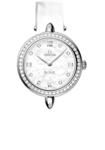 Omega 27.4mm Diamond Bezel Mother-of-Pearl Dial De Ville Prestige Quartz Dewdrop Watch - 27.4 mm Steel Case - Radiant Diamond Paved Bezel - Mother-Of-Pearl Dial - Leather Strap - 424.18.27.60.55.001 — Ref. 424.18.27.60.55.001