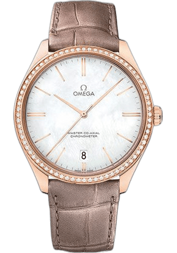Omega 40mm Diamond Bezel Mother-of-Pearl Dial De Ville Tresor Master Co-Axial Watch - 40 mm Sedna Gold Case - Diamond-Set Bezel - Domed Mother-Of-Pearl Dial - Brown Leather Strap - 432.58.40.21.05.003 Watch Ref. 432.58.40.21.05.003