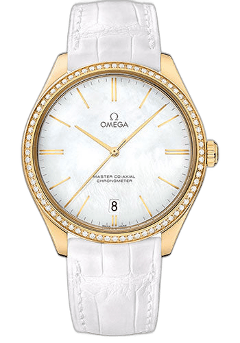 Omega De Ville Tresor Omega Master Co-Axial Watch - 40 mm Yellow Gold Case - Diamond Bezel - White Dial - White Leather Strap - 432.58.40.21.05.002 40mm Diamond Bezel White Dial