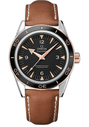 Omega Seamaster 300 Omega Master Co-Axial Watch - 41 mm Steel Case - Sedna Gold Unidirectional Bezel - Black Dial - Brown Leather Strap - 233.22.41.21.01.002 41mm Ref. 233.22.41.21.01.002
