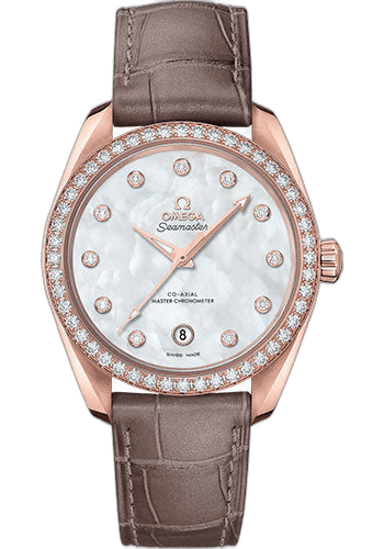 Omega 38mm Seamaster Aqua Terra 150M Co-Axial Master Chronometer Ladies Watch - 38 mm Sedna Gold Case - White Mother-Of-Pearl Diamond Dial - Taupe-Brown Leather Strap - 220.58.38.20.55.001 — Ref. 220.58.38.20.55.001