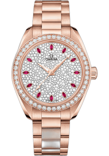 Omega 34mm Diamond Bezel Diamond-Paved Dial Seamaster Aqua Terra 150M Omega Co-Axial Master Chronometer - 34 mm Sedna Gold Case - Diamond Bezel - Diamond Paved Ruby Dial - 220.55.34.20.99.001 — Ref. 220.55.34.20.99.001
