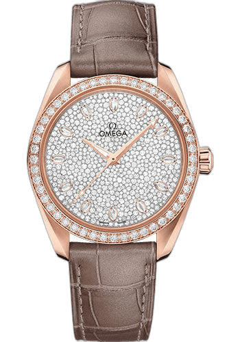 Omega Seamaster Aqua Terra 150M Co-Axial Master Chronometer Ladies Watch - 38 mm Sedna Gold Case - Diamond-Set Bezel - Radiant Diamond Dial - Taupe-Brown Leather Strap - 220.58.38.20.99.003 38mm Diamond Bezel Diamond Dial Watch Ref. 220.58.38.20.99.003