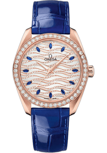 Omega Seamaster Aqua Terra 150M Omega Co-Axial Master Chronometer Ladies' - 38 mm Sedna Gold Case - Diamond Bezel - White Diamond Wave Sapphire Dial - Glossy Blue Leather Strap - 220.58.38.20.99.005 38mm Diamond Bezel White Diamond Dial (220.58.38.20.99.005