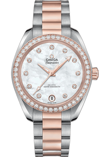 Omega 34mm & Sedna™ Gold Diamond Bezel White Mother-of-Pearl Dial Seamaster Aqua Terra 150M Co-Axial Master Chronometer Watch - 34 mm Steel And Sedna Gold Case - Diamond-Set Bezel - White Mother-Of-Pearl Diamond Dial - 220.25.34.20.55.001 Watch Ref. 220.25.34.20.55.001