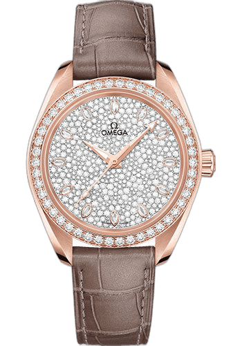 Omega Seamaster Aqua Terra 150M Co-Axial Master Chronometer Watch - 34 mm Sedna Gold Case - Diamond-Set Bezel - Radiant Diamond Dial - Taupe-Brown Leather Strap - 220.58.34.20.99.003 34mm Diamond Bezel Diamond Dial Watch Ref. 220.58.34.20.99.003