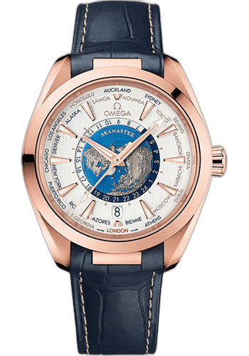 Omega Seamaster Aqua Terra 150M Omega Co-Axial Master Chronometer GMT Worldtimer - 43 mm Sedna Gold Case - Opaline Silvery Dial - Blue Leather Strap - 220.53.43.22.02.001 43mm Ref. 220.53.43.22.02.001