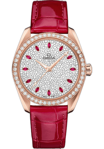 Seamaster Aqua Terra 150M Co-Axial Master Chronometer Ladies' Watch - 38 mm Sedna Gold Case - Fully Paved Diamond Dial - Glossy Red Leather Strap - 220.58.38.20.99.001 · Omega 38mm Diamond-Paved Dial — 220.58.38.20.99.001