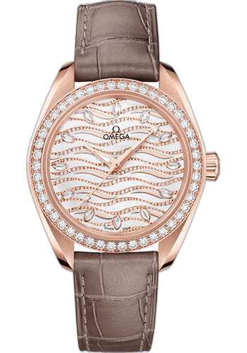 Omega 34mm Diamond Bezel Diamond Dial Seamaster Aqua Terra 150M Co-Axial Master Chronometer Watch - 34 mm Sedna Gold Case - Diamond-Set Bezel - Radiant Diamond Dial - Taupe-Brown Leather Strap - 220.58.34.20.99.006 Watch Ref. 220.58.34.20.99.006