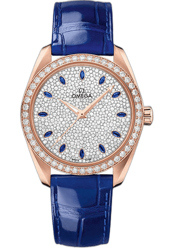 Omega 38mm Diamond Bezel Diamond-Paved Dial Seamaster Aqua Terra 150M Omega Co-Axial Master Chronometer Ladies' - 38 mm Sedna Gold Case - Diamond Bezel - White Diamond Paved Sapphire Dial - Glossy Blue Leather Strap - 220.58.38.20.99.002 — Ref. 220.58.38.20.99.002