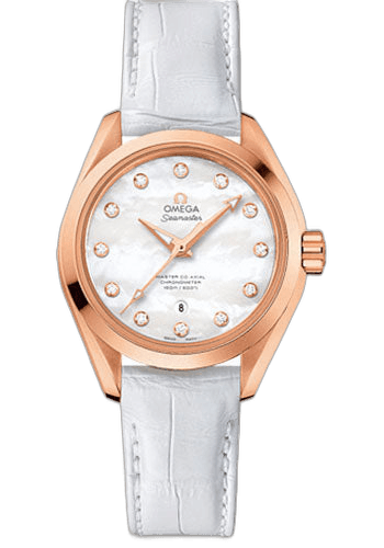 Omega Seamaster Aqua Terra 150 M Master Co-Axial Watch - 34 mm Sedna Gold Case - Mother-Of-Pearl Diamond Dial - White Leather Strap - 231.53.34.20.55.001 34mm