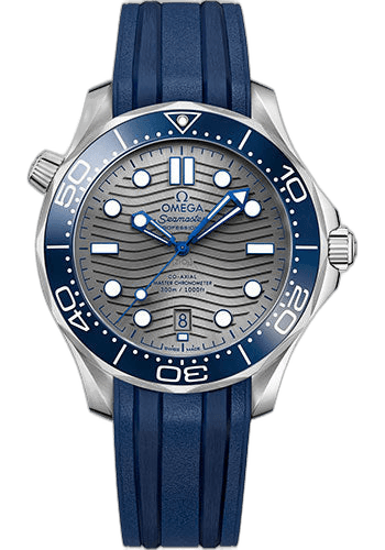 Omega 42mm Seamaster Diver 300M Co-Axial Master Chronometer Watch - 42 mm Steel Case - Unidirectional Bezel - Pvd Chrome Colour Ceramic Dial - Blue Rubber Strap - 210.32.42.20.06.001 — Ref. 210.32.42.20.06.001