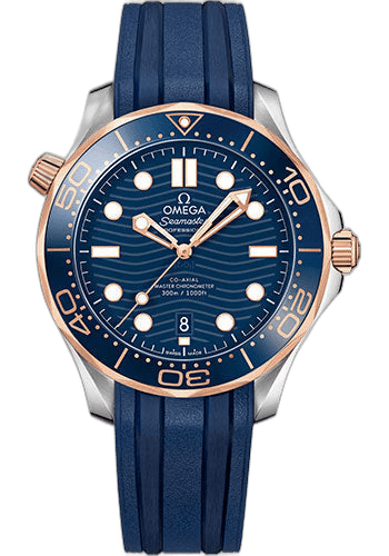 Seamaster Diver 300M Co-Axial Master Chronometer Watch - 42 mm Steel And Sedna Gold Case - Unidirectional Bezel - Blue Ceramic Dial - Blue Rubber Strap - 210.22.42.20.03.002 · Omega 42mm & Sedna™ Gold Blue Ceramic Dial — 210.22.42.20.03.002