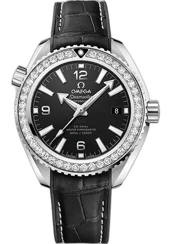 Omega Seamaster Planet Ocean Planet Ocean 600M Co-Axial Master Chronometer Watch - 39.5 mm Steel Case - Unidirectional Diamond Bezel - Black Dial - Black Leather Strap - 215.18.40.20.01.001 39.5mm Diamond Bezel Black Dial (215.18.40.20.01.001