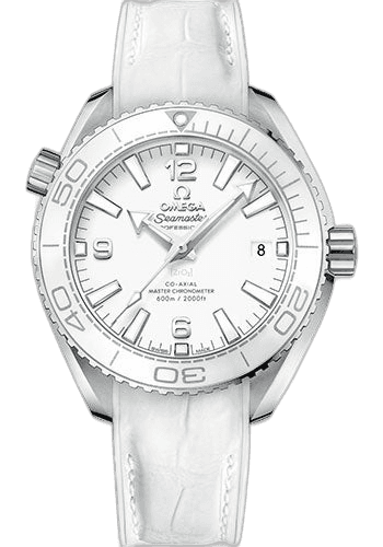 Omega 39.5mm Seamaster Planet Ocean Planet Ocean 600M Co-Axial Master Chronometer Watch - 39.5 mm Steel Case - Unidirectional White Cermaic Bezel - White Dial - White Leather Strap - 215.33.40.20.04.001 Watch Ref. 215.33.40.20.04.001