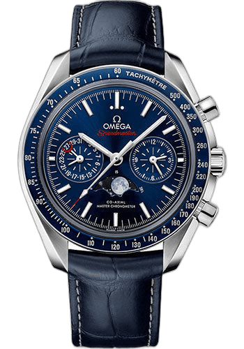 Omega Speedmaster Moonphase Master Chronometer Chronograph Watch - 44.25 mm Steel Case - Blue Liquid Metal Bezel - Blue Dial - Blue Leather Strap - 304.33.44.52.03.001 44.25mm Watch Ref. 304.33.44.52.03.001