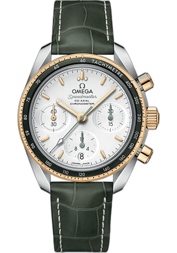 Omega Speedmaster 38 Co-Axial Chronograph Watch - 38 mm Steel And Yellow Gold Case - Silvery Dial - Green Leather Strap - 324.23.38.50.02.001 38mm & Yellow Gold Silver Dial Watch Ref. 324.23.38.50.02.001