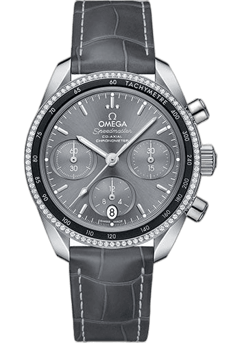 Omega 38mm Diamond Bezel Grey Dial Speedmaster Co-Axial Chronograph Watch - 38 mm Steel Case - Dual Diamond Bezel - Sun Brushed Grey Dial - Grey Leather Strap - 324.38.38.50.06.001 Watch Ref. 324.38.38.50.06.001