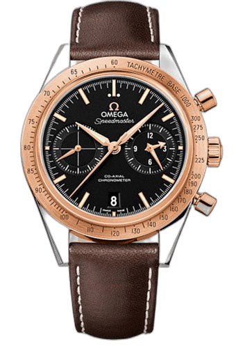 Omega Speedmaster '57 Omega Co-Axial Chronograph Watch - 41.5 mm Steel Case - Brushed Red Gold Bezel - Black Dial - Brown Leather Strap - 331.22.42.51.01.001 41.5mm Ref. 331.22.42.51.01.001