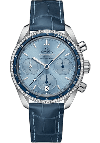 Omega Speedmaster 38 Co-Axial Chronograph Watch - 38 mm Steel Case - Dual Diamond Bezel - Ice Blue Dial - Blue Leather Strap - 324.38.38.50.03.001 38mm Diamond Bezel Ice Blue Dial Ref. 324.38.38.50.03.001