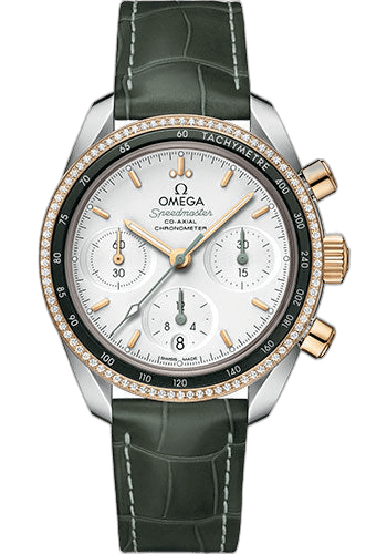 Speedmaster 38 Co-Axial Chronograph Watch - 38 mm Steel And Yellow Gold Case - Dual Diamond Bezel - Silvery Dial - Green Leather Strap - 324.28.38.50.02.001 38mm & Yellow Gold Diamond Bezel Silver Dial by Omega — 324.28.38.50.02.001
