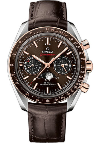 Omega 44.25mm Speedmaster Moonphase Master Chronometer Chronograph Watch - 44.25 mm Steel Case - Sedna Gold Bezel - Brown Diamond Dial - Brown Leather Strap - 304.23.44.52.13.001 Watch Ref. 304.23.44.52.13.001
