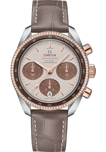 Omega 38mm & Sedna™ Gold Diamond Bezel Cappuccino Dial Speedmaster 38 Co-Axial Chronograph Watch - 38 mm Steel And Sedna Gold Case - Dual Diamond Bezel - Cappuccino Dial - Taupe-Brown Leather Strap - 324.28.38.50.02.002 Watch Ref. 324.28.38.50.02.002