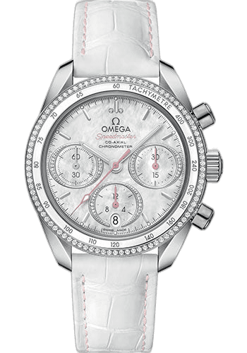 Speedmaster 38 Co-Axial Chronograph Watch - 38 mm Steel Case - Dual Diamond Bezel - Mother-Of-Pearl Diamond Dial - White Leather Strap - 324.38.38.50.55.001 38mm Diamond Bezel Mother-of-Pearl Dial · Omega 324.38.38.50.55.001