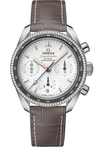 Omega Speedmaster 38 Co-Axial Chronograph Watch - 38 mm Steel Case - Dual Diamond Bezel - Silvery Dial - Taupe-Brown Leather Strap - 324.38.38.50.02.001 38mm Diamond Bezel Silver Dial (324.38.38.50.02.001