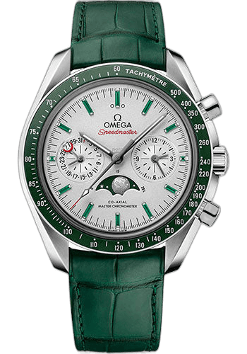 Omega 44.25mm Speedmaster Moonwatch Omega Co-Axial Master Chronometer Moonphase Chronograph - 44.25 mm Platinum Case - Platinum-Gold Dial - Green Leather Strap - 304.93.44.52.99.003 — Ref. 304.93.44.52.99.003